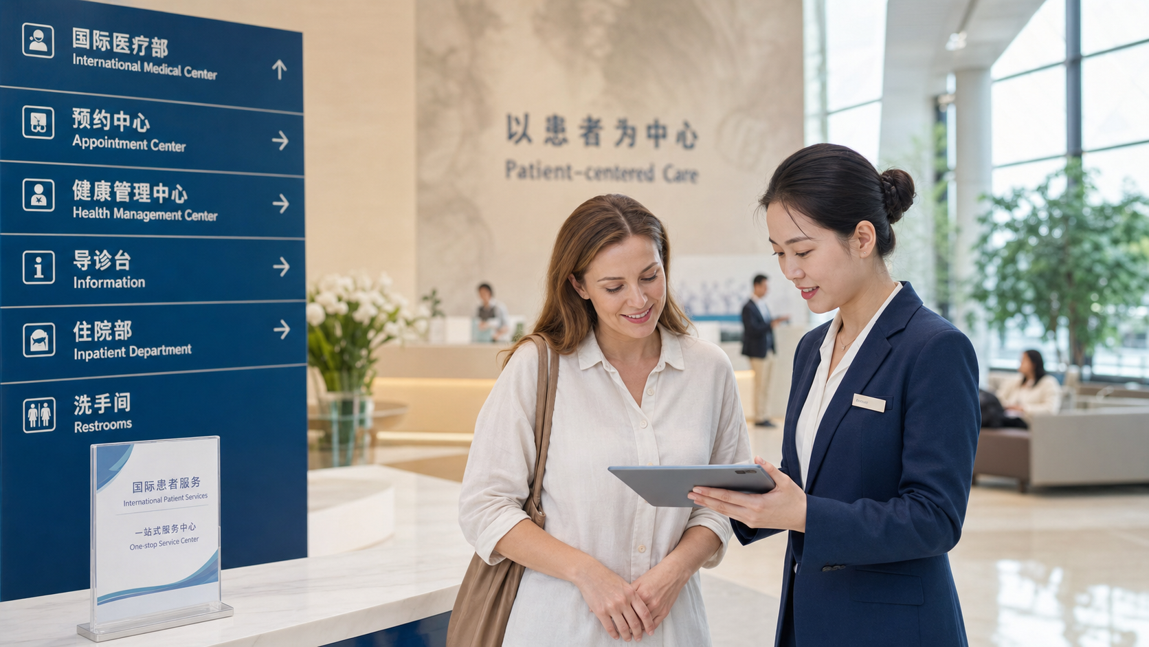 Care coordinator helping an international patient in a modern hospital lobby